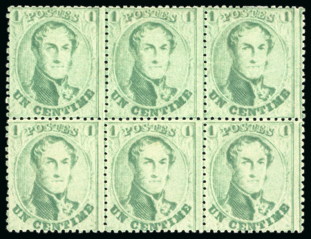 Stamp of Belgium 1865, 1c green perf.14 1/2 in mint block of six