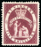 Stamp of St. Vincent 1888 5s group of four colour trials in carmine-lake (2) and pale rose (2) on wmk CA paper