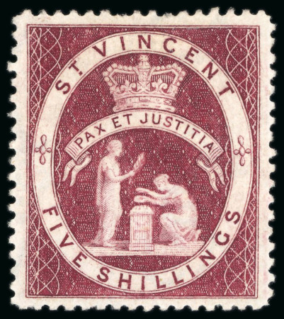 Stamp of St. Vincent 1888 5s group of four colour trials in carmine-lake (2) and pale rose (2) on wmk CA paper