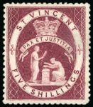 Stamp of St. Vincent 1888 5s group of four colour trials in carmine-lake (2) and pale rose (2) on wmk CA paper