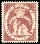 Stamp of St. Vincent 1888 5s group of four colour trials in carmine-lake (2) and pale rose (2) on wmk CA paper