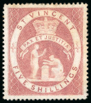 Stamp of St. Vincent 1888 5s group of four colour trials in carmine-lake (2) and pale rose (2) on wmk CA paper
