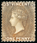 Stamp of St. Vincent 1888 5s group of four colour trials in carmine-lake (2) and pale rose (2) on wmk CA paper