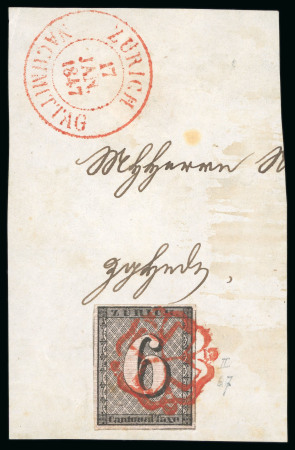 Stamp of Switzerland / Schweiz » Kantonalmarken » Zürich 1843, 6 Rp. schwarz mit waagrechten Untergrundlinien, Type II, auf Briefstück