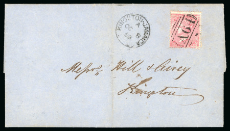 Stamp of Jamaica 1859 (Oct 7) entire sent from Port Antonio to Kingston, A64 numeral 