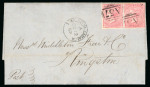 Stamp of Jamaica 1859 (Oct 10) lettersheet sent from Montego Bay to Kingston, franked with a horizontal pair of 4d rose