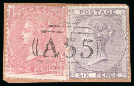 Stamp of Jamaica 1858, 4d rose and 5d lilac, used in combination on