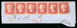 Stamp of Jamaica 1858, 1d rose-red strip of six, tied to piece by four