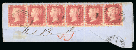 Stamp of Jamaica 1858, 1d rose-red strip of six, tied to piece by four