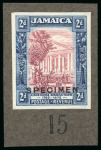 Stamp of Jamaica 1919, King's House Spanish Town 2s imperforate colour trial proof on card