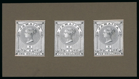 Stamp of Jamaica 1858, Revenues, 1s, 5s and 10s De La Rue die proofs,