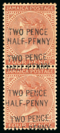 Stamp of Jamaica 1890, 2 1/2d on 4d red-brown, mint, vertical pair,