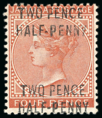Stamp of Jamaica 1890, 2 1/2d on 4d red-brown, mint n.h., showing the