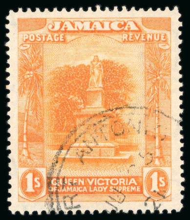 Stamp of Jamaica 1919, 1s orange-yellow on red-orange, used, wmk variety "C" of "CA" missing'