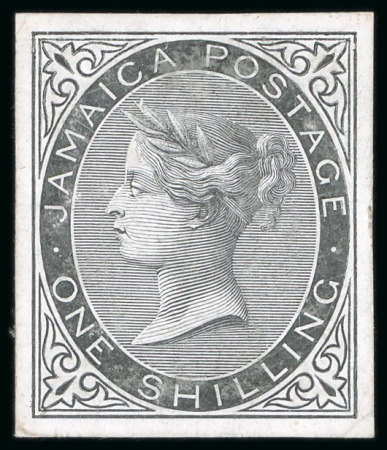 Stamp of Jamaica 1860, First Issue 1s die proofs in black, on thick