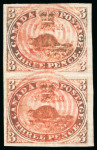 Stamp of Canada 1851, 3d red on laid paper in vertical pair, good to large margins, neatly cancelled by red target cancels