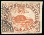 Stamp of Canada 1851, 3d red on laid paper, fine to large margins,