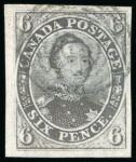 Stamp of Canada 1851, 6d slate-violet on laid paper, good to very large margins, neatly used