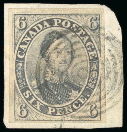 Stamp of Canada 1851, 6d slate-violet on laid paper, good to large margins, neatly tied to small piece