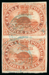 Stamp of Canada 1851, 3d red on thin paper in vertical pair, used