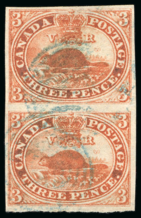 Stamp of Canada 1851, 3d red on thin paper in vertical pair, used