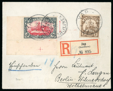 Stamp of Germany » German Colonies » Caroline Islands 1901 & 1911 pair of covers: 1900-10 3pf & 5M corner marginal on envelope sent registered from Yap