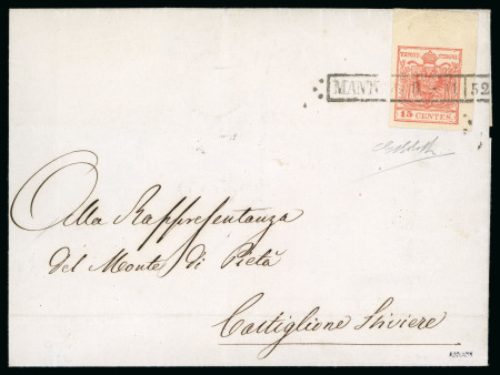 Stamp of Italian States » Lombardy Venetia 1852 15c red, hand paper (Type III), superb top corner marginal on cover
