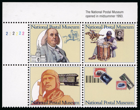 Stamp of United States » 1919 Issues onwards 1993, National Postal Museum top left corner plate block of four with maroon and black omitted variety