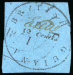 Stamp of British Guiana 1850-51, 12 cents black on pale blue, with initials