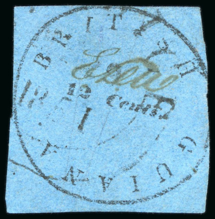 Stamp of British Guiana 1850-51, 12 cents black on pale blue, with initials