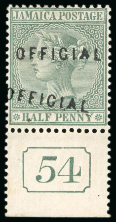 Stamp of Jamaica 1890, 1/2d green, Official, bottom marginal with plate