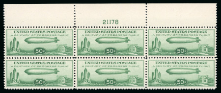 Stamp of United States » 1919 Issues onwards Airmails: 1933 Graf Zeppelin 50c green mint n.h. top marginal plate block of six