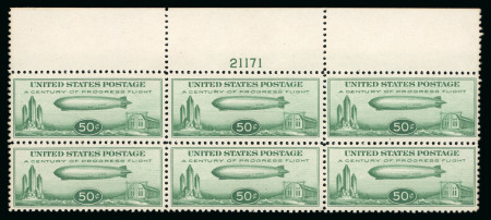 Stamp of United States » 1919 Issues onwards Airmails: 1933 Graf Zeppelin 50c green mint n.h. top marginal "21171" plate block of six