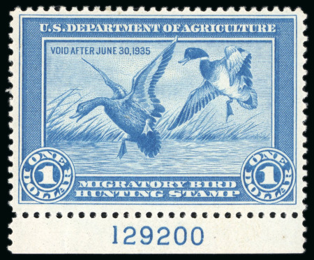 Stamp of United States » Duck Hunting Stamps Hunting: 1934 $1 blue mint n.h. lower marginal with "129200" plate number