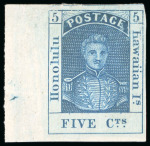 Stamp of United States » U.S. Possessions » Hawaii 1857, 5c blue on thin white wove paper, unused left sheet marginal