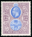 Stamp of Sierra Leone 1912-21, £1 black and purple on red and £2 blue and dull purple mint h.r.