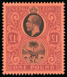 Stamp of Sierra Leone 1912-21, £1 black and purple on red and £2 blue and dull purple mint h.r.
