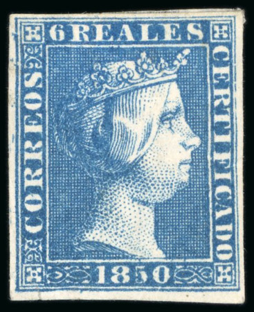 Stamp of Spain 1850, 6R blue mint, fine to good margins