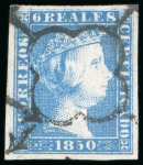 Stamp of Spain 1850, 6R blue used, good even margins, nicely cancelled by "spider" cancel