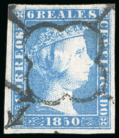 Stamp of Spain 1850, 6R blue used, good even margins, nicely cancelled by "spider" cancel