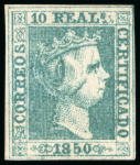 Stamp of Spain 1850, 10R green mint, very close to fine margins, deep shade