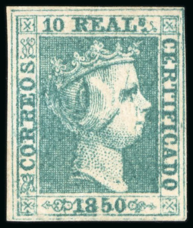 Stamp of Spain 1850, 10R green mint, very close to fine margins, deep shade