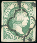 Stamp of Spain 1851 10R green used, good even margins, neat cancel