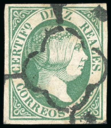 Stamp of Spain 1851 10R green used, good even margins, neat cancel