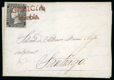 Stamp of Spain 1850 6c type I, close to very good margins, on entire to Santiago and tied by red "GALICIA / Puebla" 2-line hs