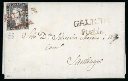 Stamp of Spain 1850 6c type I, fine to good margins, on 1850 (May 25) entire to Santiago and tied by red "GALICIA / Puebla" 2-line hs