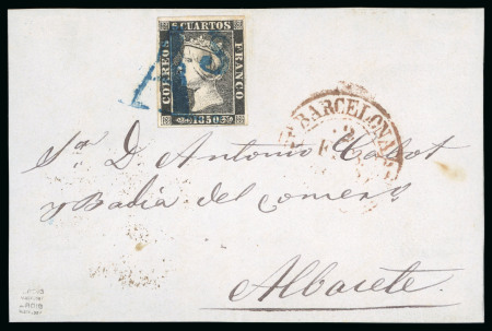 Stamp of Spain 1850 6c type I, fine to very good margins, on front to Albacete and tied by very fine strike of the blue "As." of Barcelona,