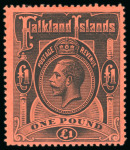 Stamp of Falkland Islands 1922, £1 black on red, perf 13 1/2 x 14, wmk multi