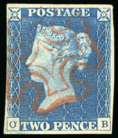 Stamp of Great Britain » 1840 2d Blue (ordered by plate number) 1840, 2d blue, pl. 1 OB, four margins, crisp red Maltese