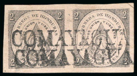 Stamp of Honduras 1865, 2r black on pink, used pair